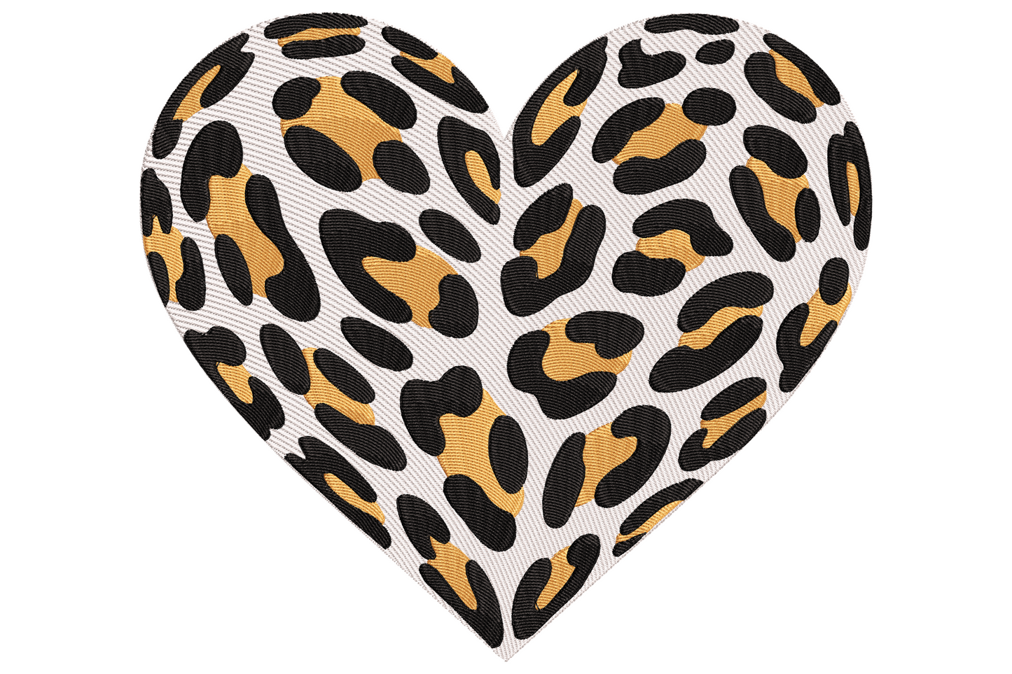 Leopard print heart embroidery design filled with tan and brown animal print spots on white fabric, bold Valentine design