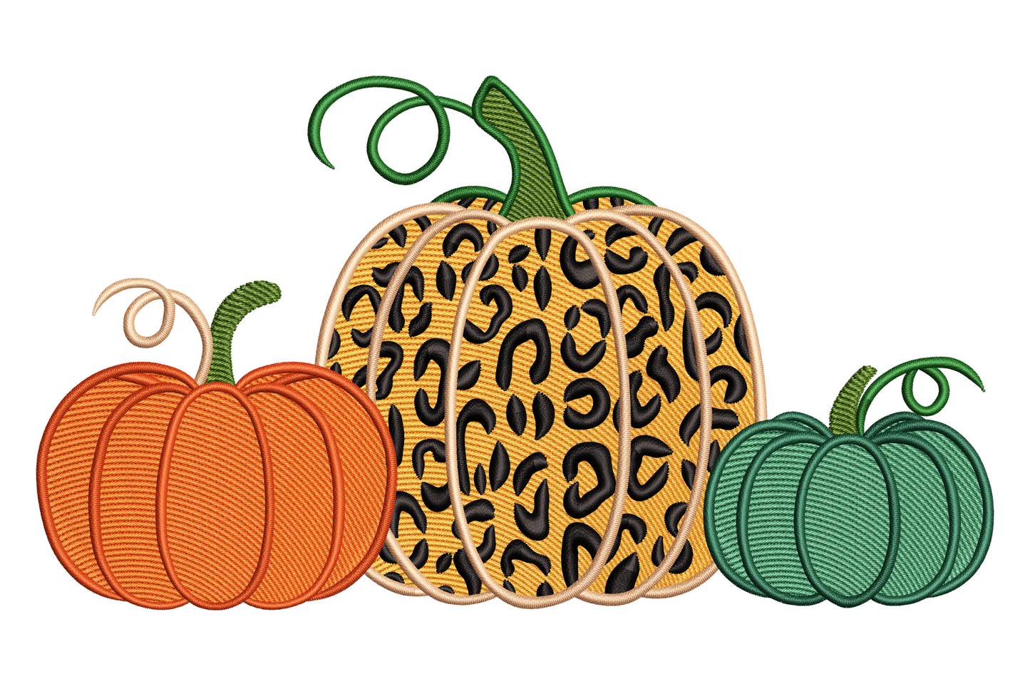Three leopard-print pumpkins in a horizontal row, stitched in tawny orange, brown and black animal-print fill, short dark stems on white background.