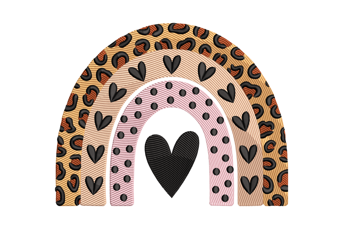 Two rainbow-shaped hair clips with heart designs on a white background