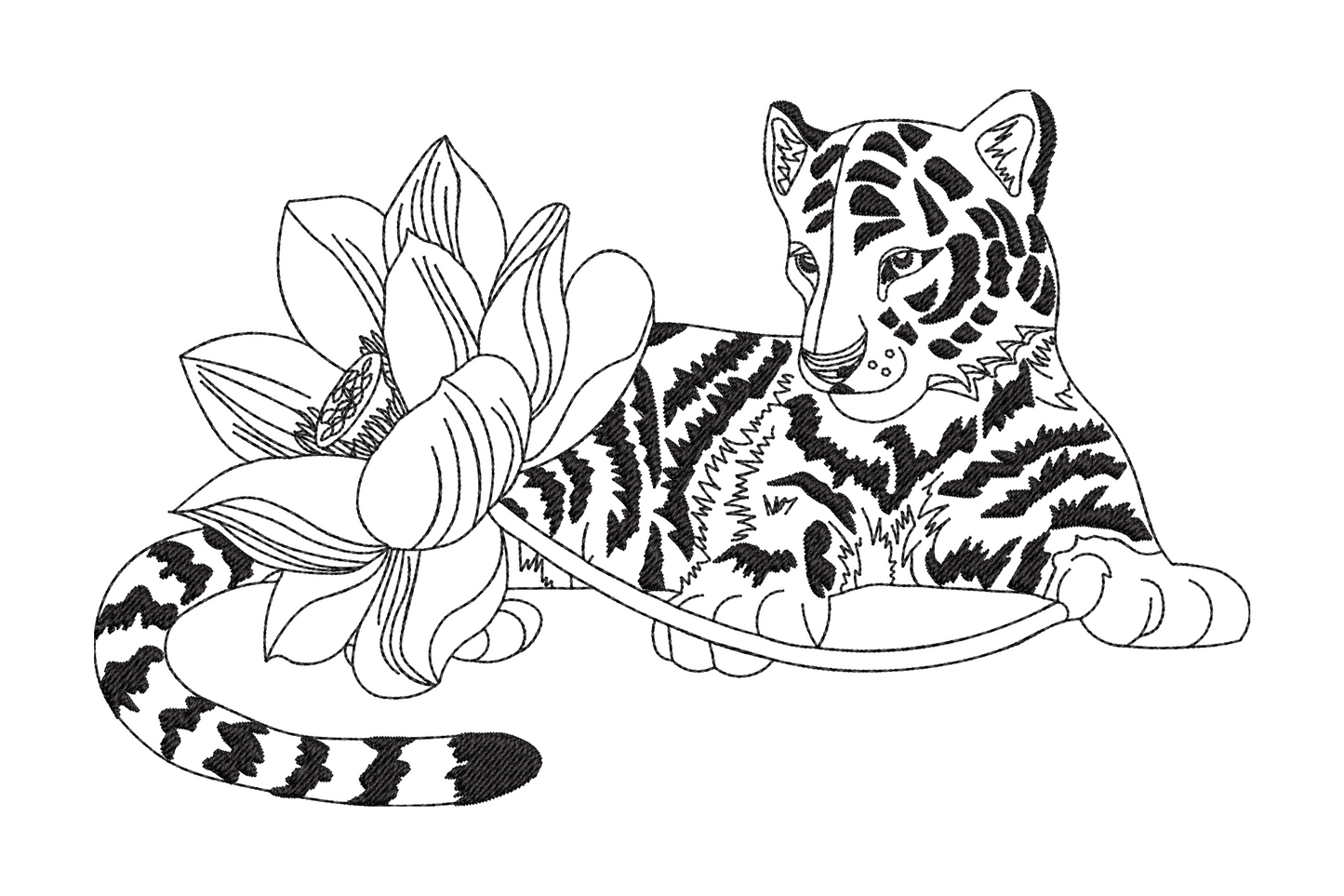 Black line art embroidery of a reclining leopard cub with rosette spots beside a large open lotus flower with layered petals