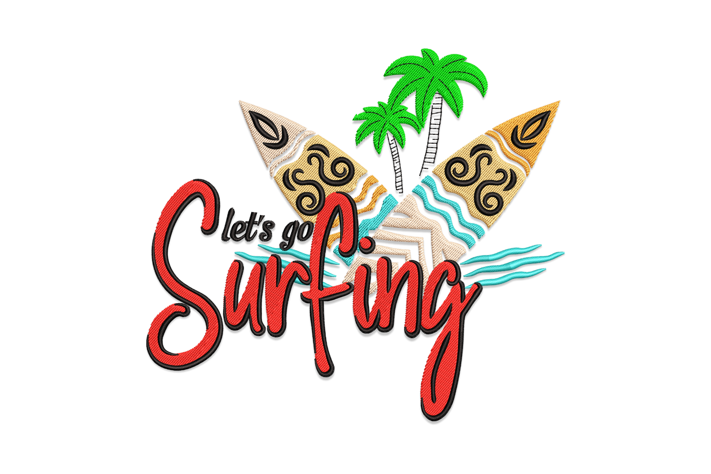 Let's Go Surfing machine embroidery design, cartoon surfer on ocean wave with arched lettering in sky blue, navy and coral red, 4 sizes up to 6.25 inches