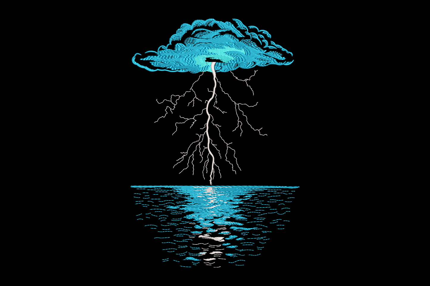 Storm cloud embroidery, white lightning bolts branching from blue cloud to horizontal impact zone, 3 thread colours, weather design.