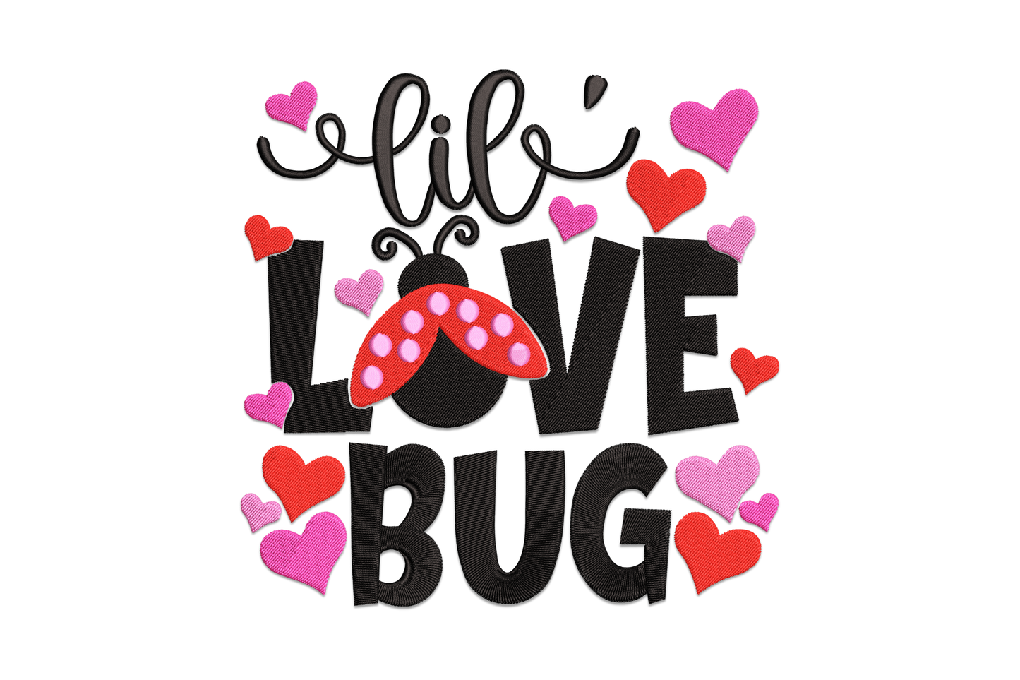Lil love bug embroidery design, cartoon ladybug with heart-shaped body in red and black, 4 colours, kids valentines style