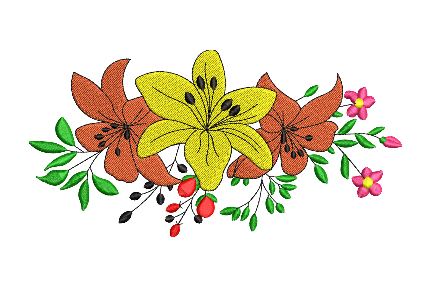 Lily and wildflower cluster embroidery in yellow, terracotta, pink and green with berry sprigs and a botanical arrangement.