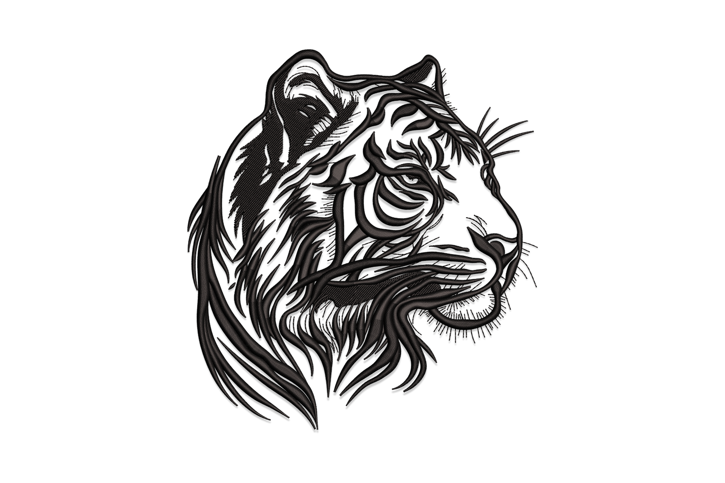 Line art wild animal embroidery, black woodcut-style tiger head in three-quarter profile, flowing mane and hatching detail.