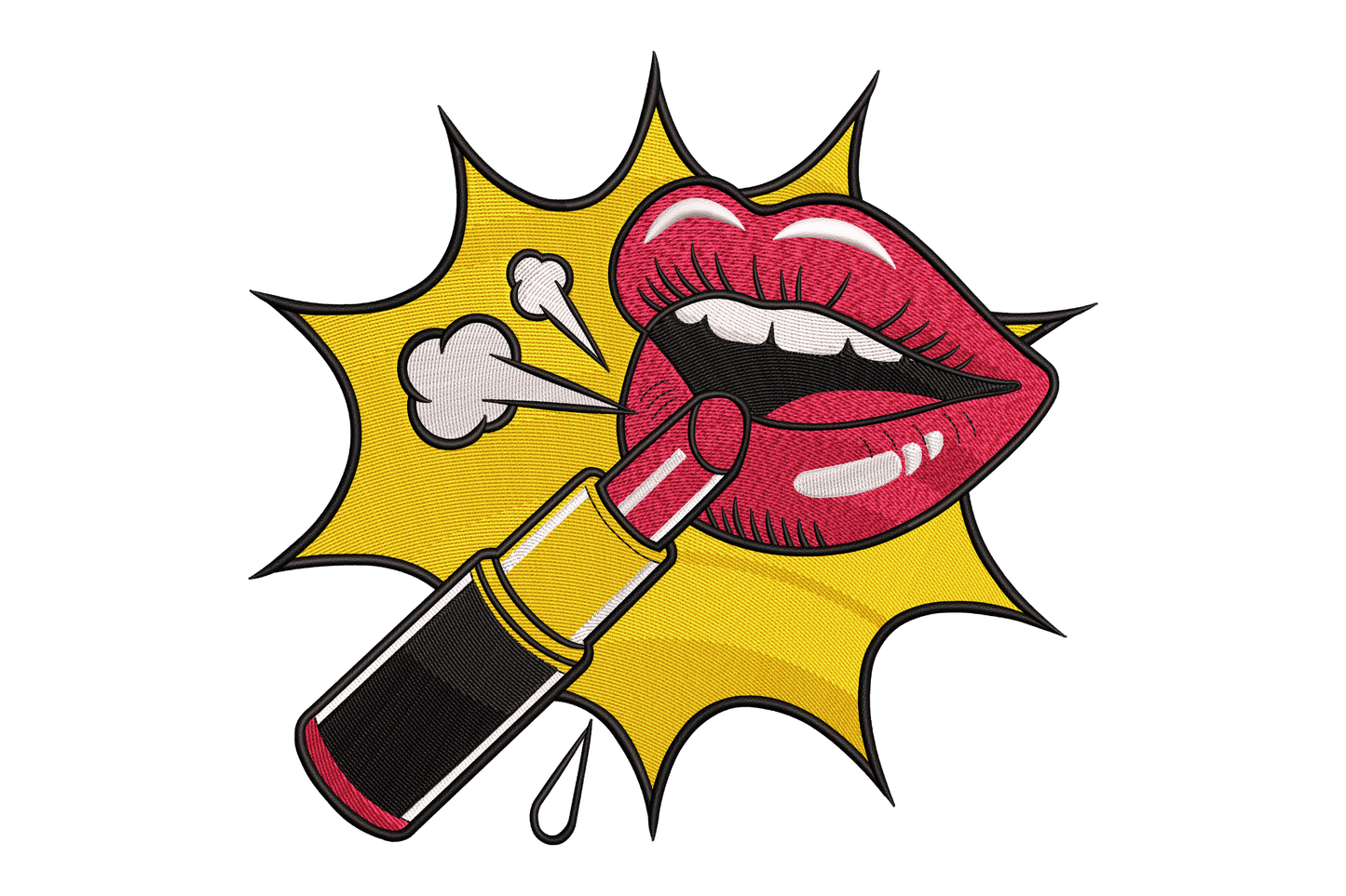 Lipstick with a mouth graphic on a yellow background
