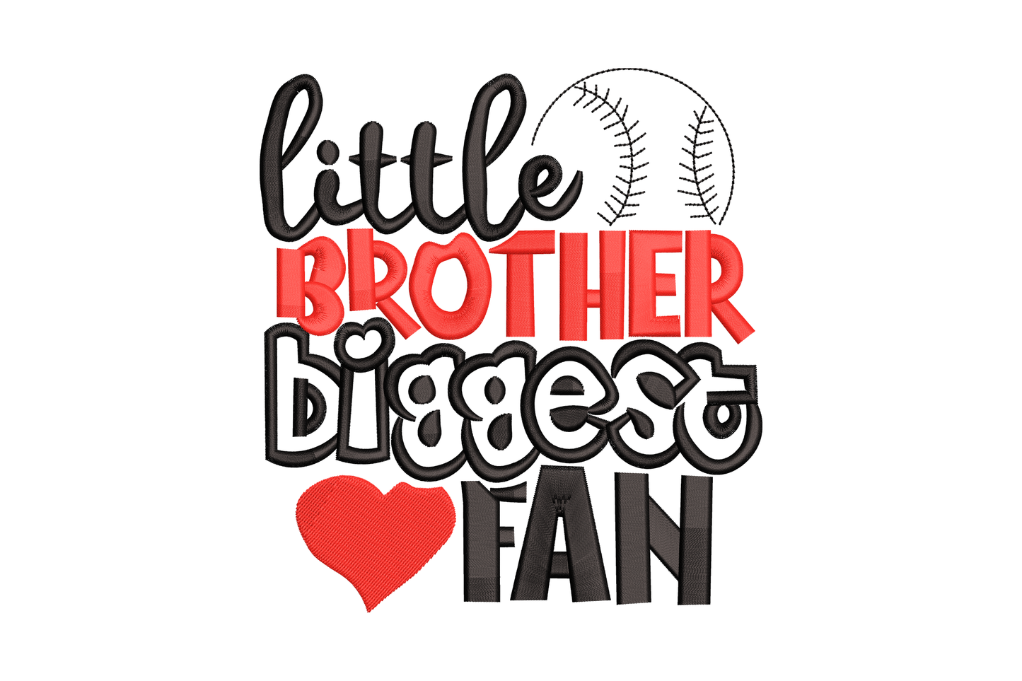 Kids baseball embroidery with red satin brother lettering, black bubble text, loose cursive script and red heart accent.