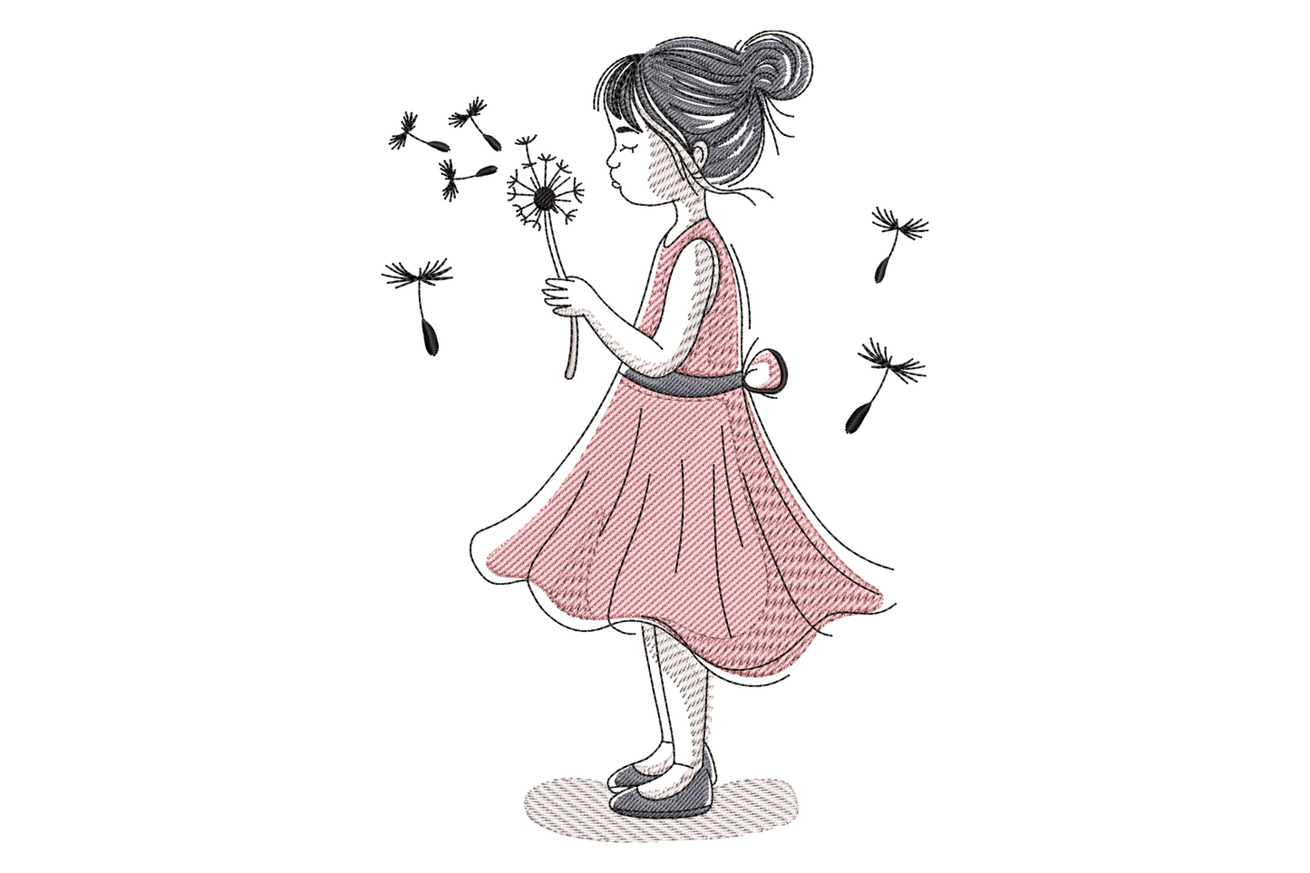 Little girl with dandelion embroidery design, ink-sketch style, pink dress with dandelion seeds floating, 5 colours on white cotton.