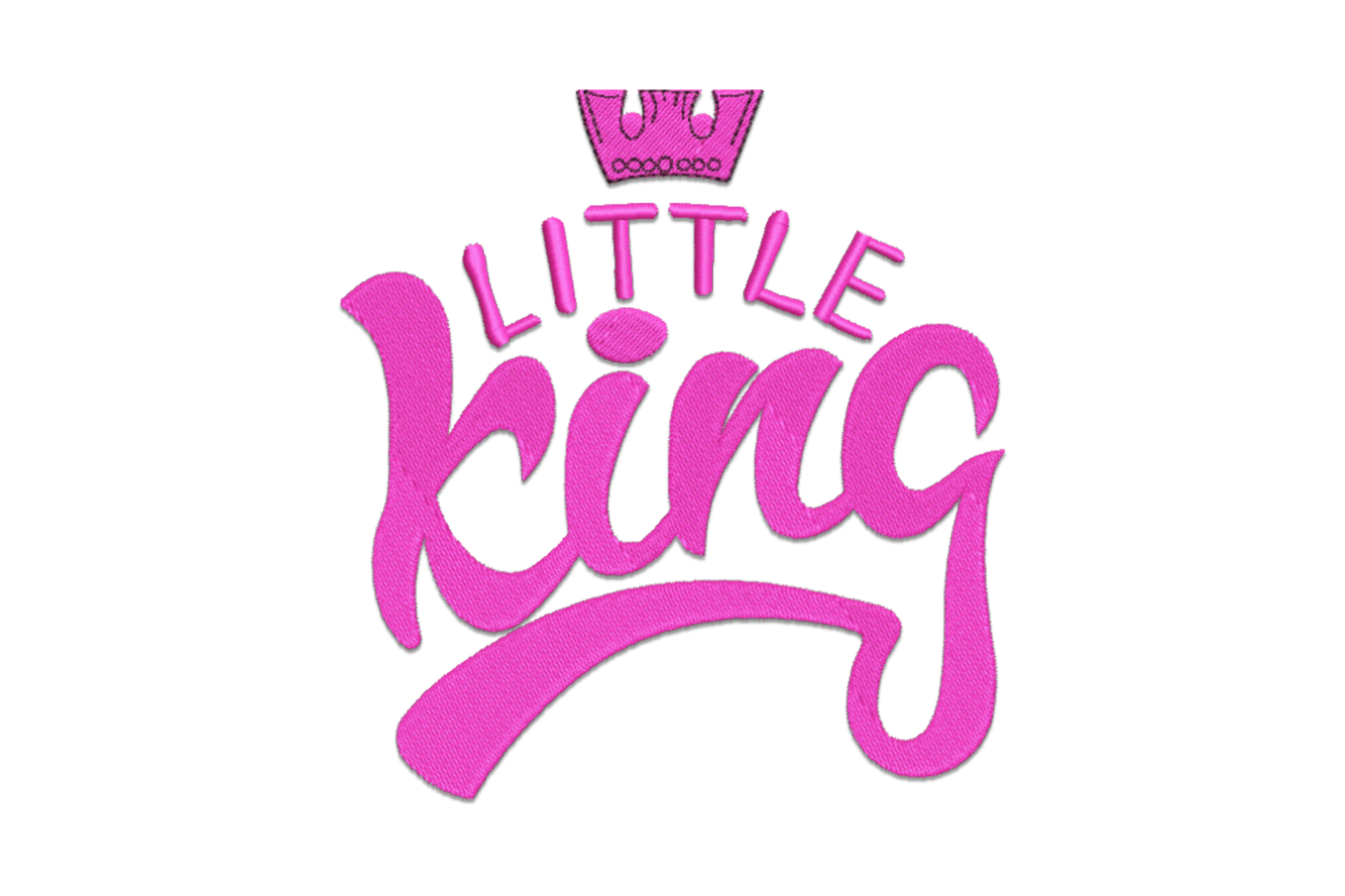 Little King embroidery design, LITTLE in pink block caps over flowing pink brush script king with a small tilted crown on the I.