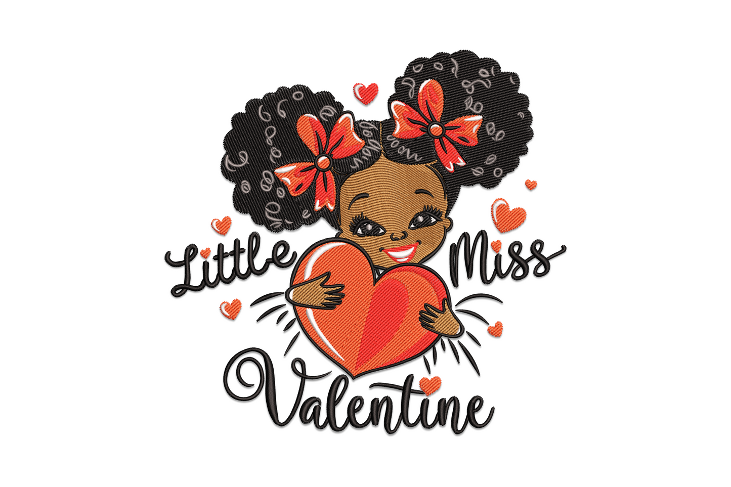 Little Miss style valentine girl character embroidery with large bow, heart cheeks and heart-covered dress, cute 7-colour kids valentines design