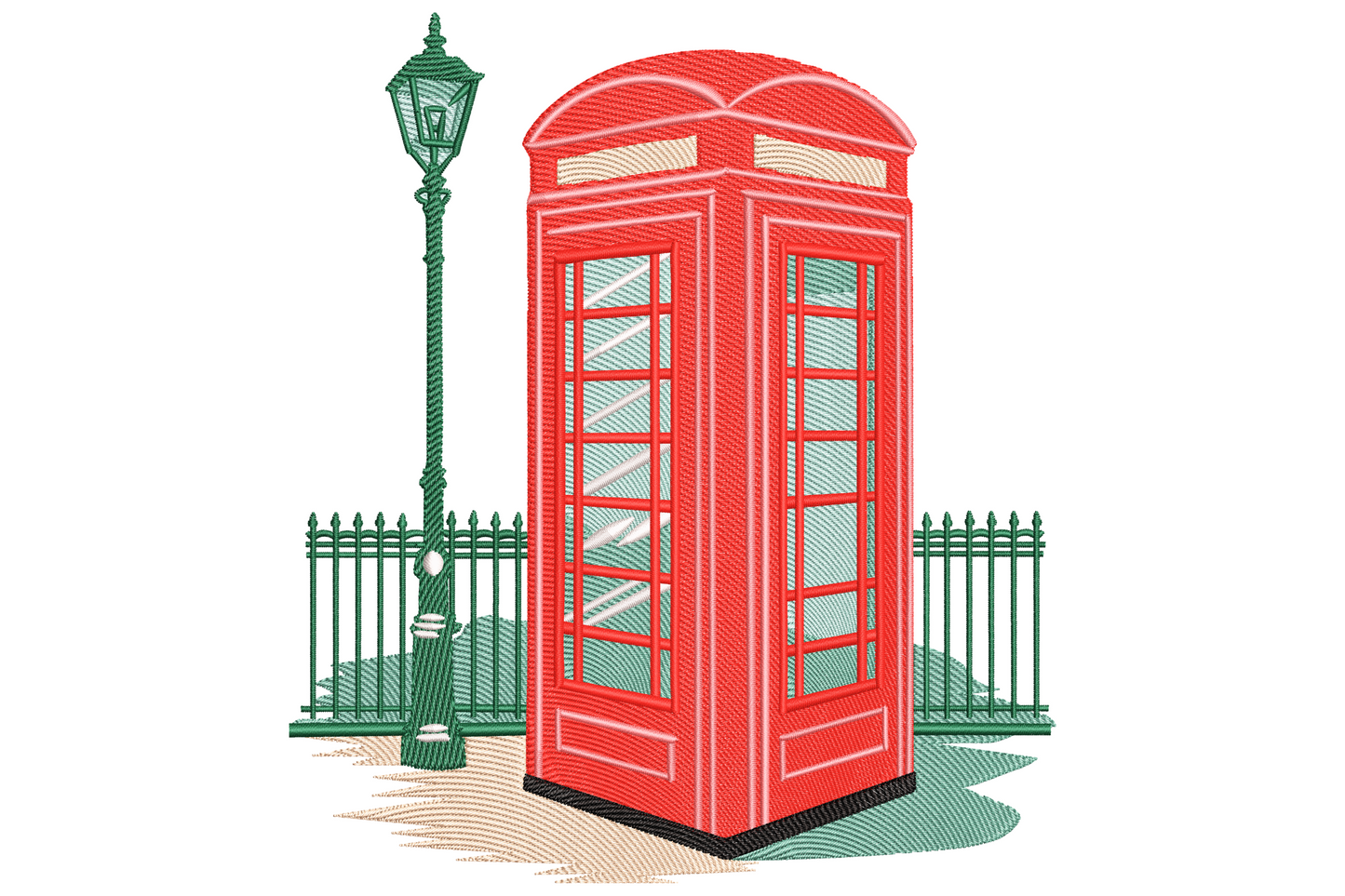 London red telephone booth embroidery design with iron railing and Victorian lamp post, 8 colours on white background.