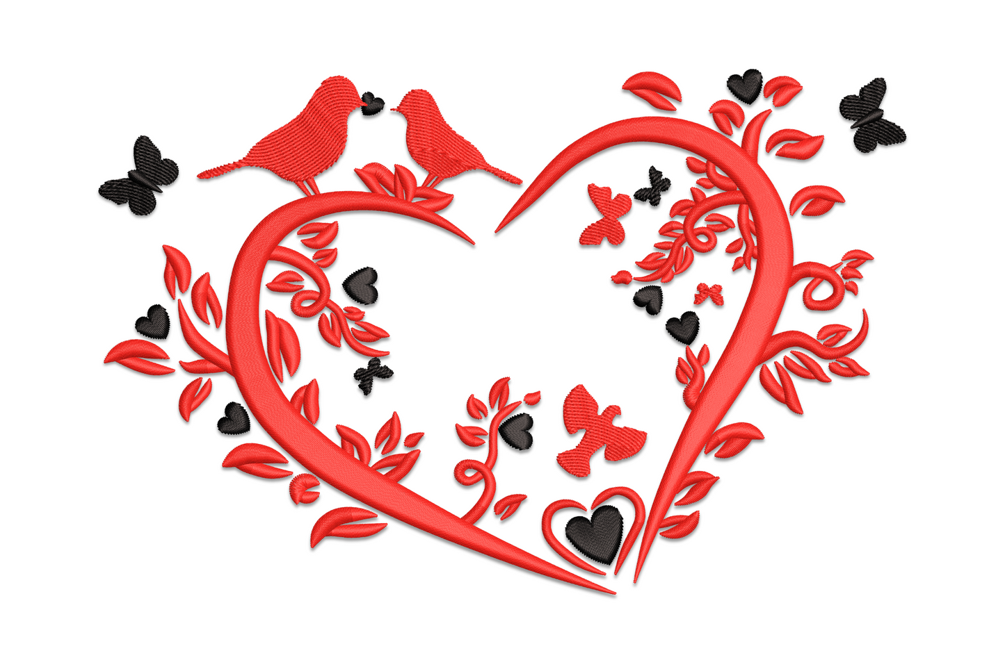 Love birds heart embroidery design with two perched birds, red satin vines forming a heart shape, and black butterflies.