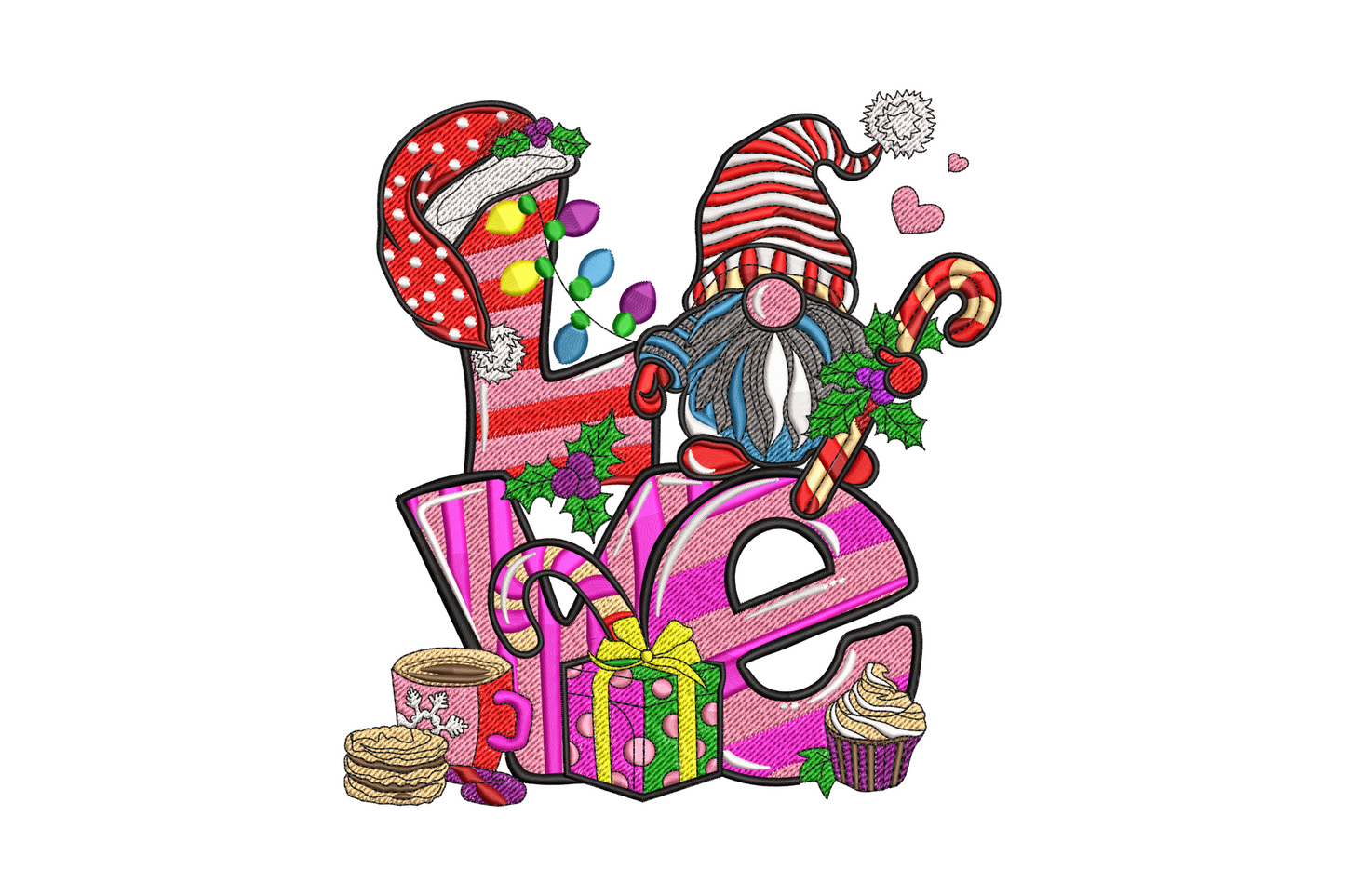 Round christmas gnome with red floppy hat and white beard holding a dusty rose LOVE sign, whimsical holiday embroidery.