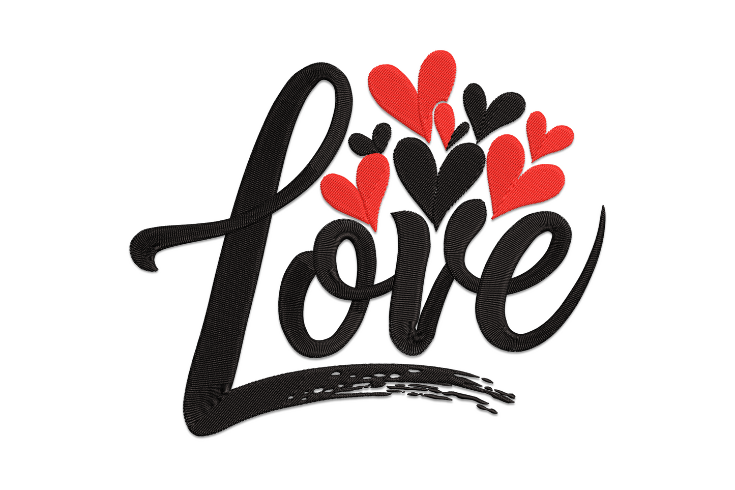 Bold black brushstroke Love script with red floating hearts rising above the letters, valentines day embroidery design