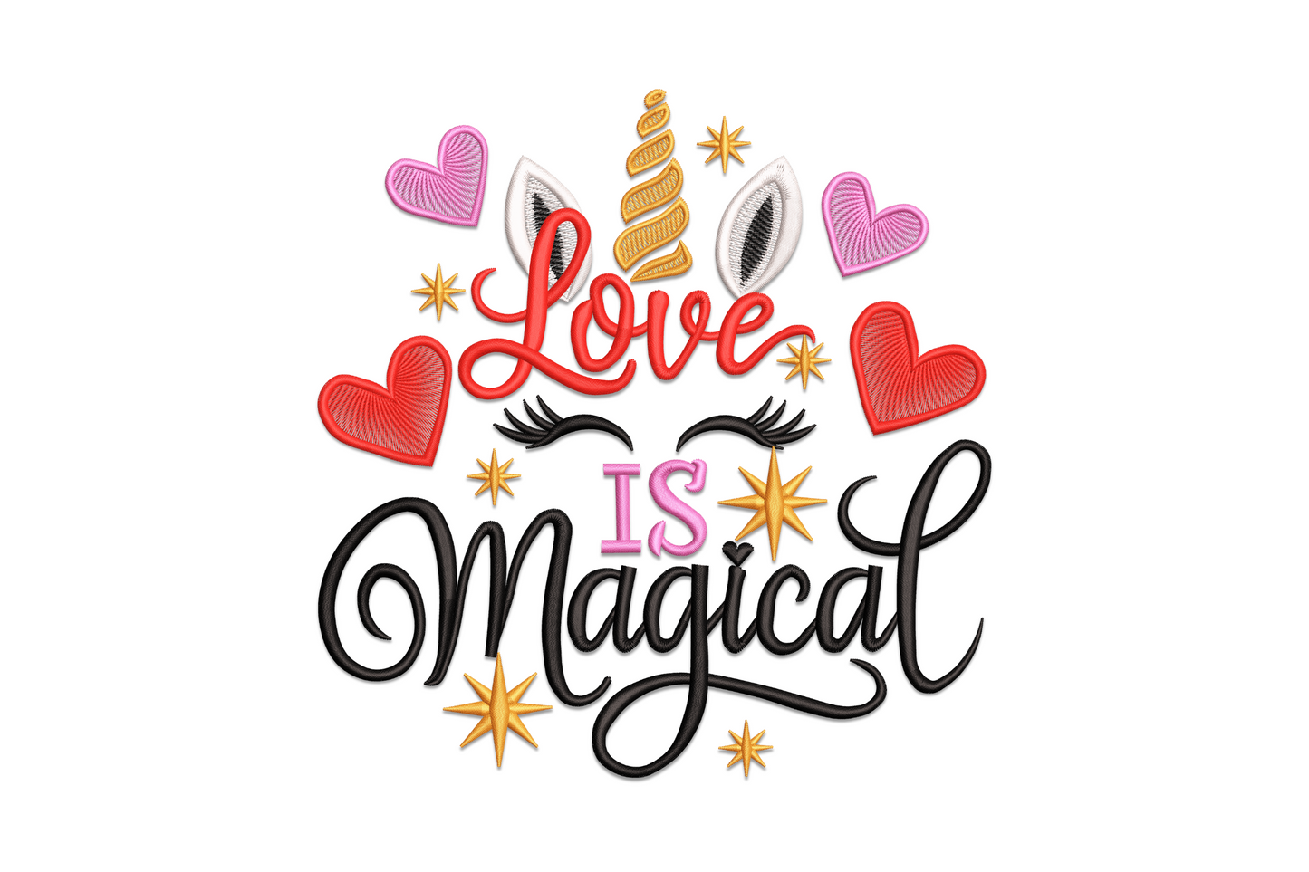 Unicorn embroidery with flowing multicolour mane and Love Is Magical text banner, 5 colours, valentine design.
