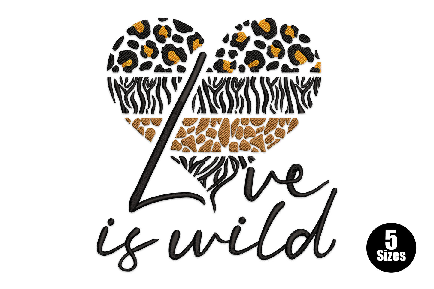 Love is wild embroidery design, heart with leopard zebra giraffe animal print panels in orange brown black, cursive text