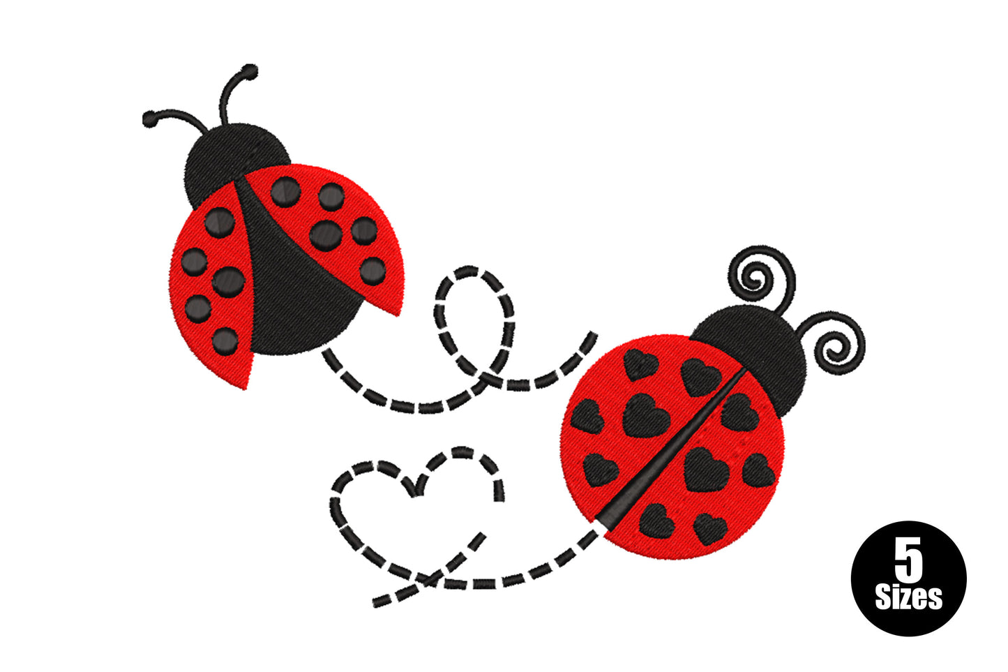 Two ladybugs embroidery, left has round spots, right has heart-shaped spots, dashed flight path loops into a heart below.