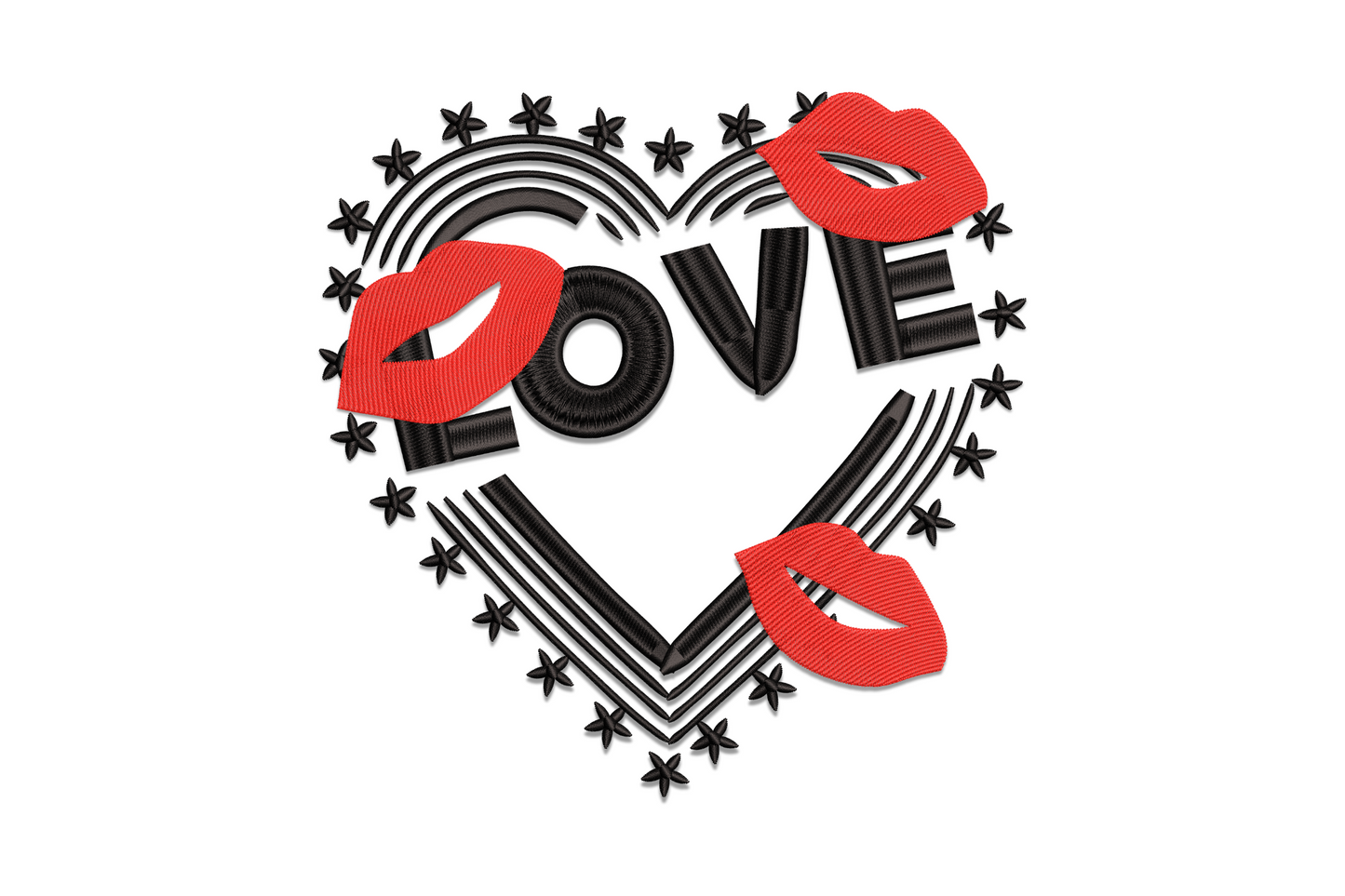 Love lips heart embroidery design, red satin lips curved into a heart silhouette, bold 2 colour Valentine pattern