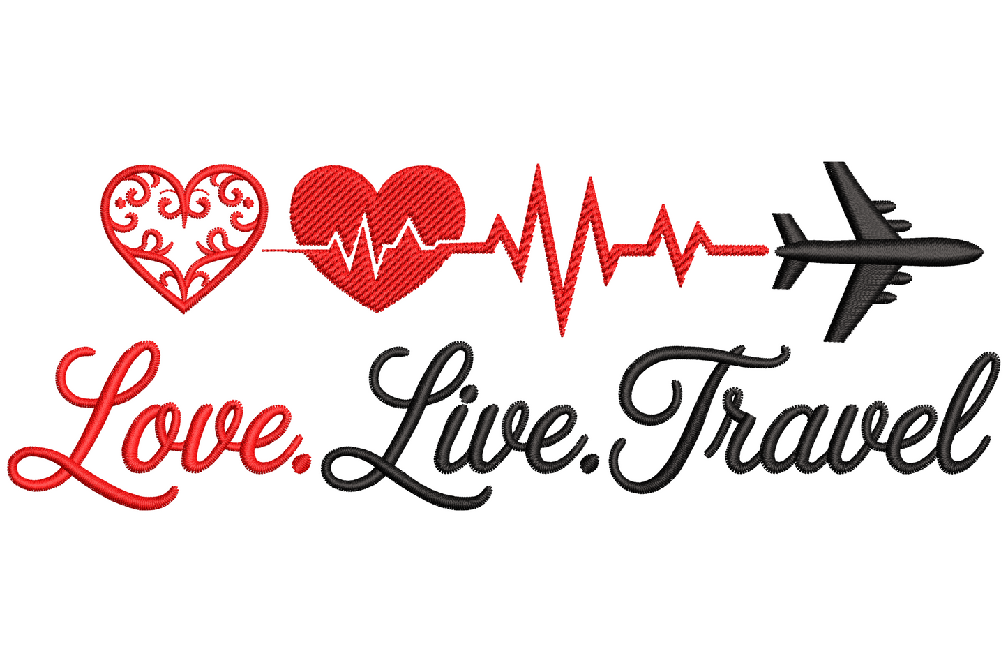 Love Live Travel script embroidery with red filigree heart, heartbeat line and small black airplane silhouette