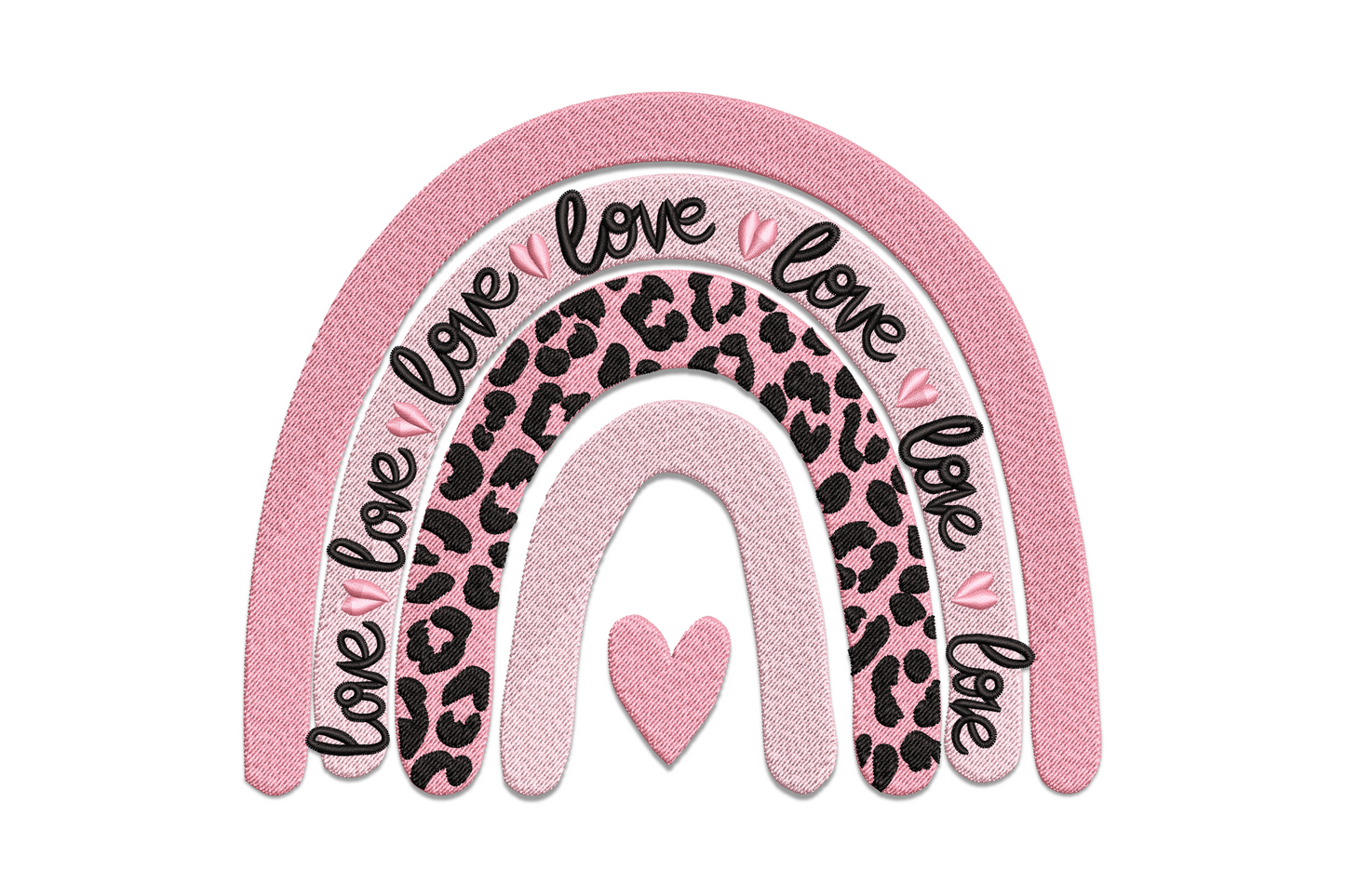 Valentine boho rainbow embroidery with dusty rose, leopard-print and blush arcs, love script and a small pink heart.