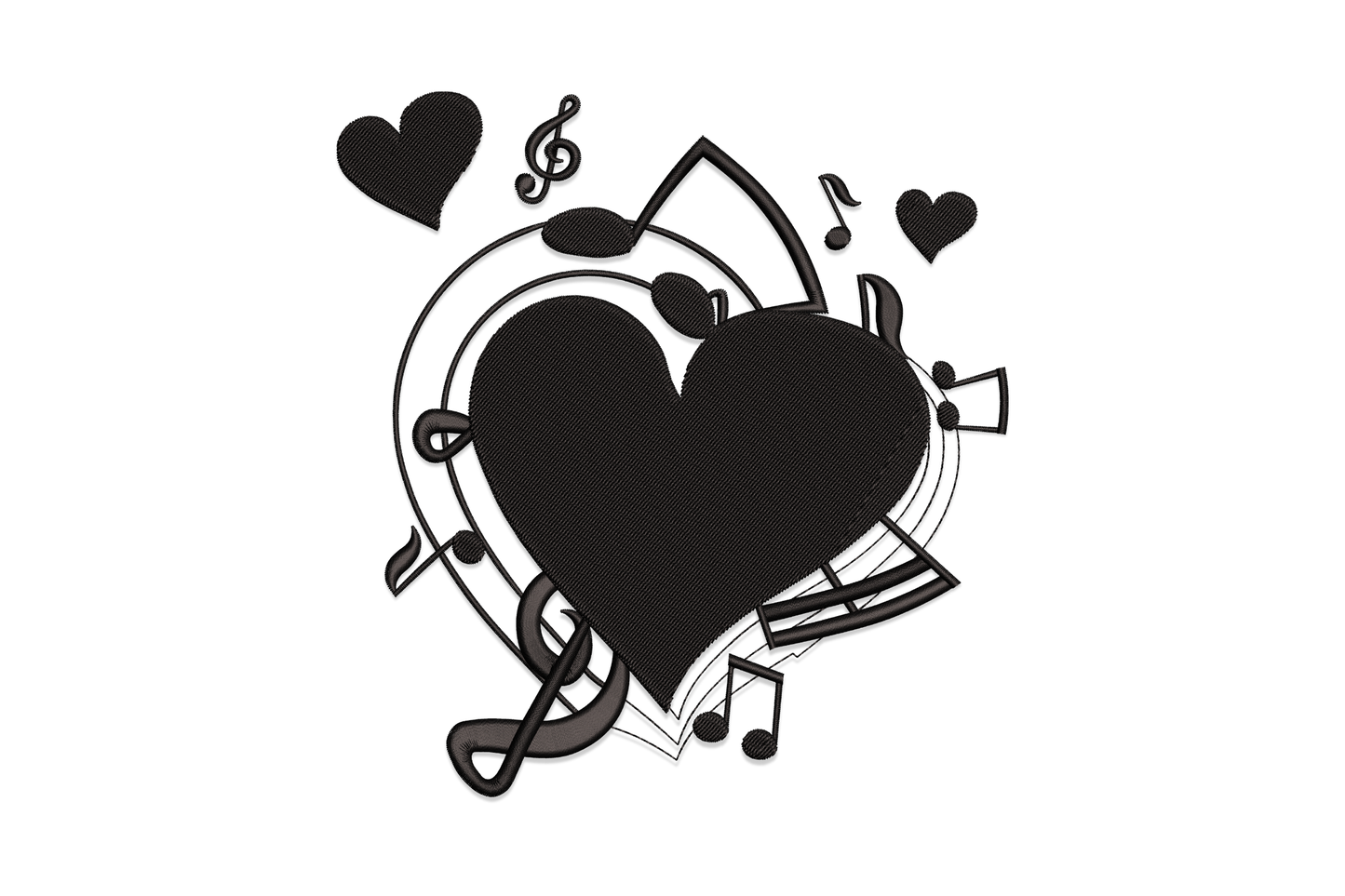 Love music notes machine embroidery design, script word art with musical notes and quavers, single colour, 4 sizes from 4.01 to 7.01 inches