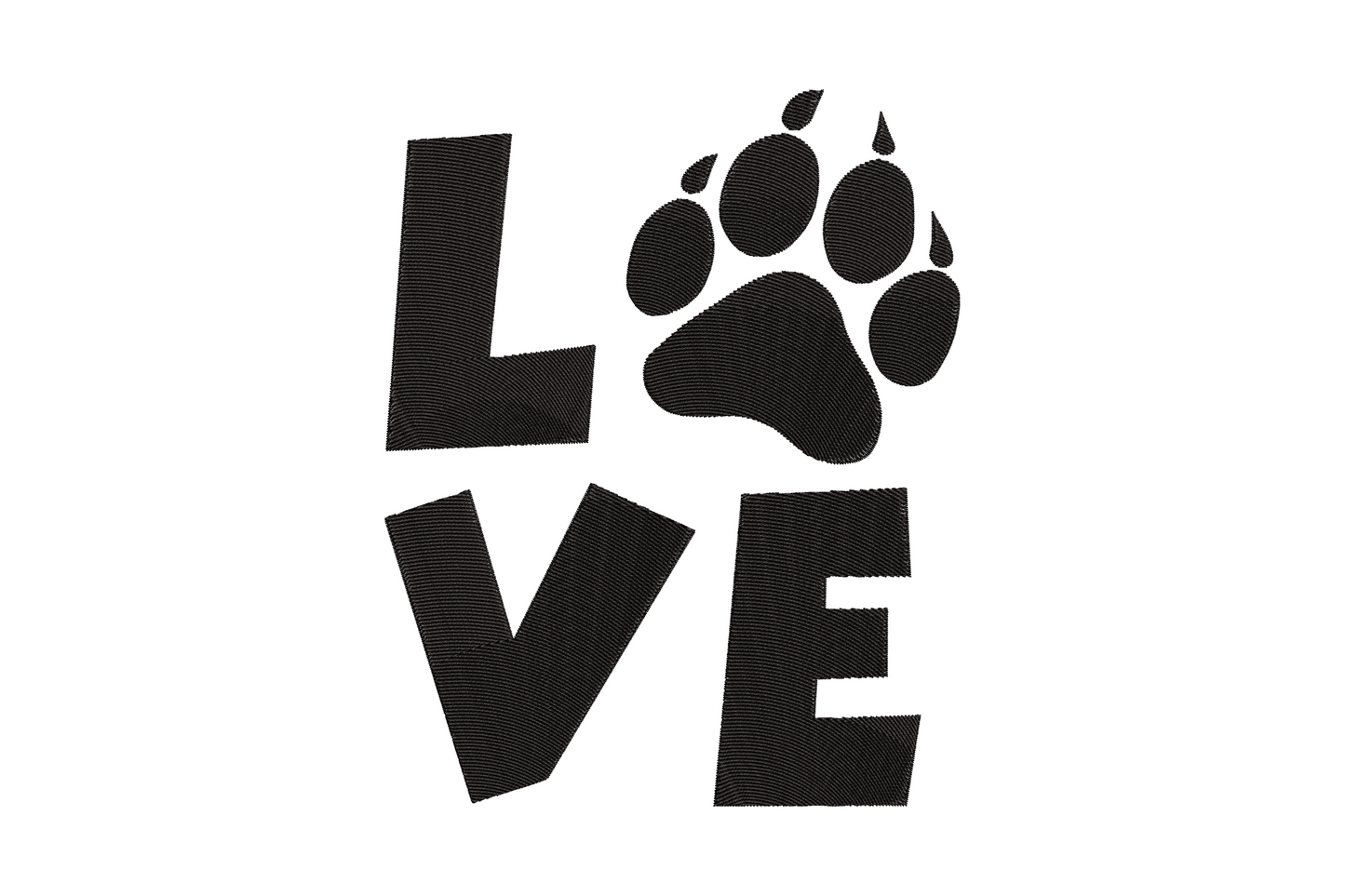 Love paw print embroidery, single colour lettering where O is a paw pad with toe beans, 2.82 to 6.03 inch sizes
