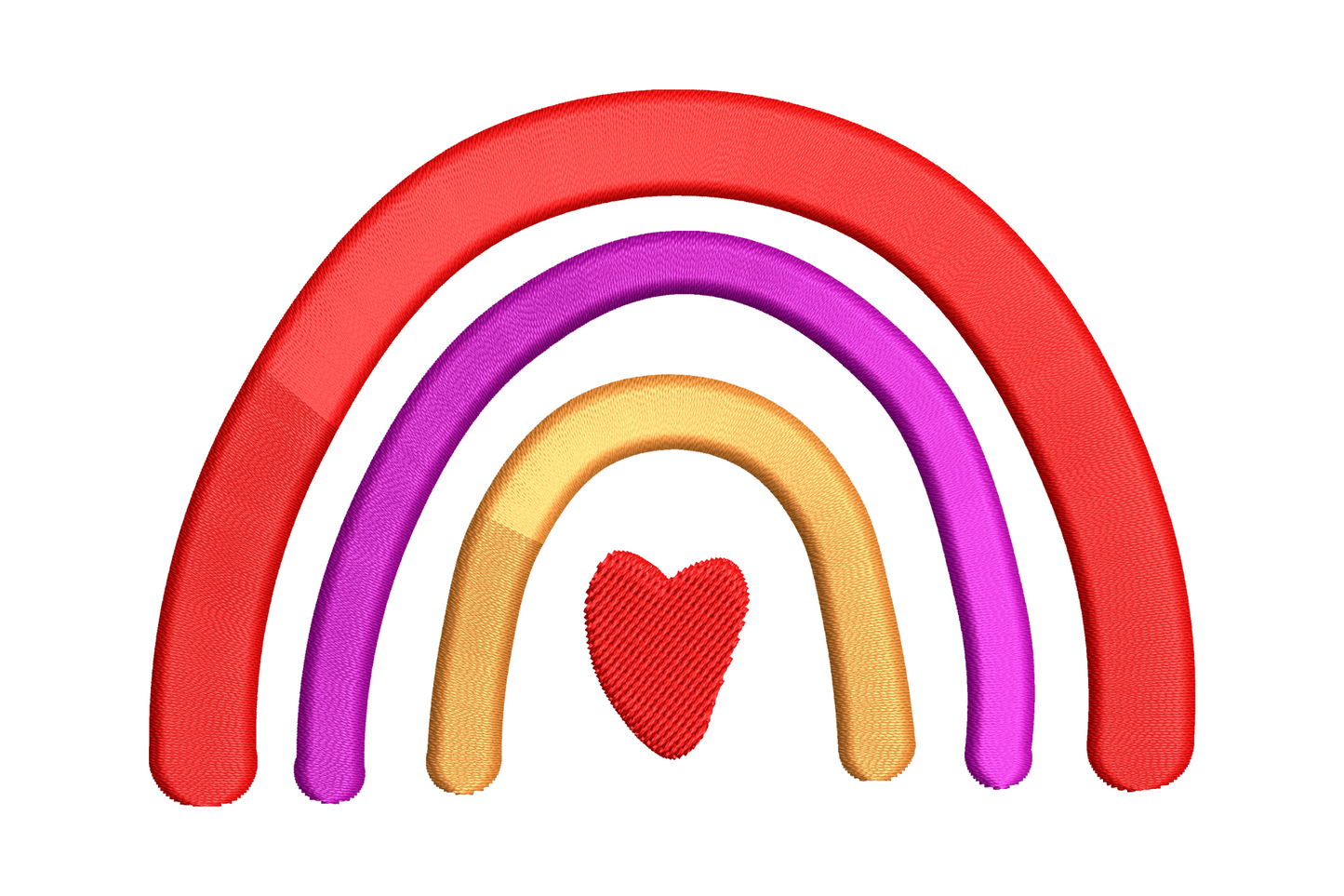 Love rainbow embroidery with three nested arches in red, magenta, orange and a central red heart beneath.