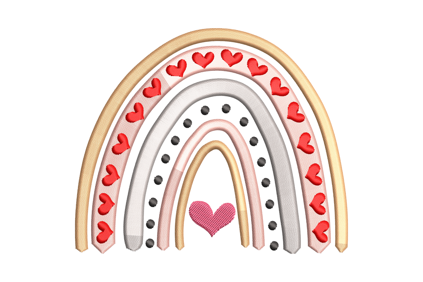 Love rainbow embroidery, five layered arcs with red hearts, black dot fill and a pink heart at base