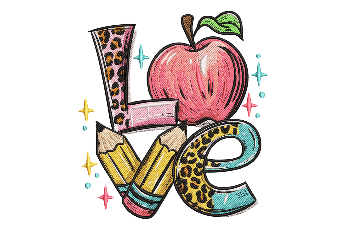 Back-to-school LOVE embroidery, apple replacing the O, leopard-print block letters, gold pencils and teal sparkle stars