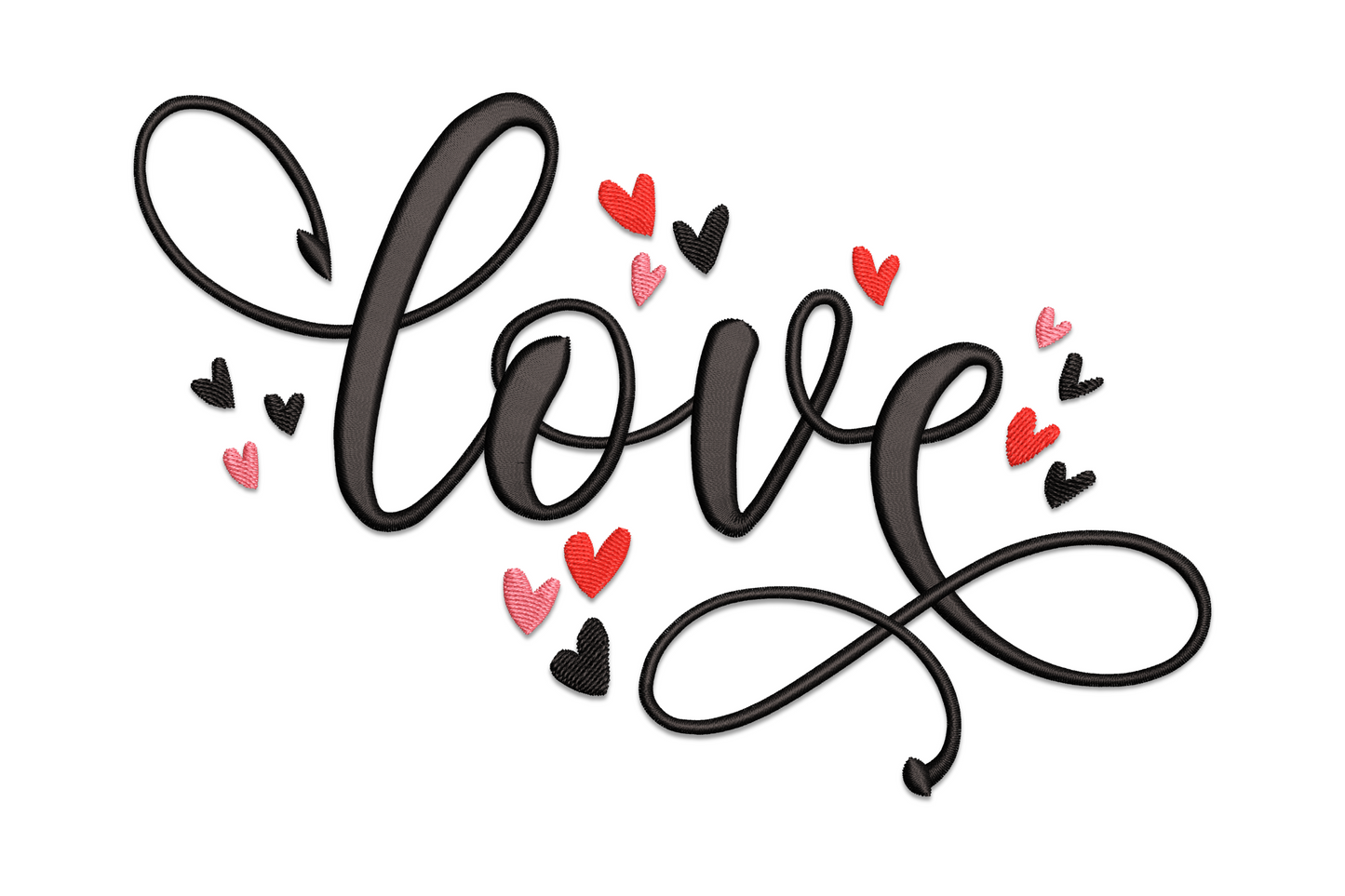 Machine embroidery design of the word love in flowing calligraphy with small scattered red and dark hearts around it on white background