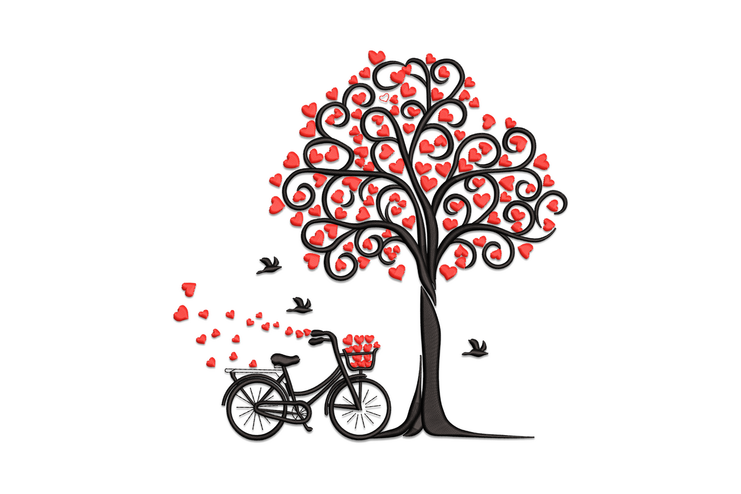 Romantic bicycle under a heart-shaped tree embroidery design with vintage line-art style, small scattered hearts in the canopy, valentines day cycling theme