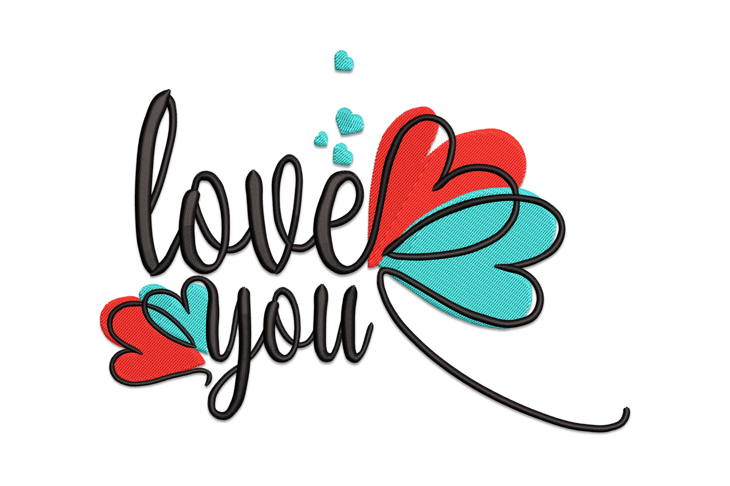 Love you embroidery design in black cursive calligraphy with coral red and teal heart clusters, 5 sizes included.