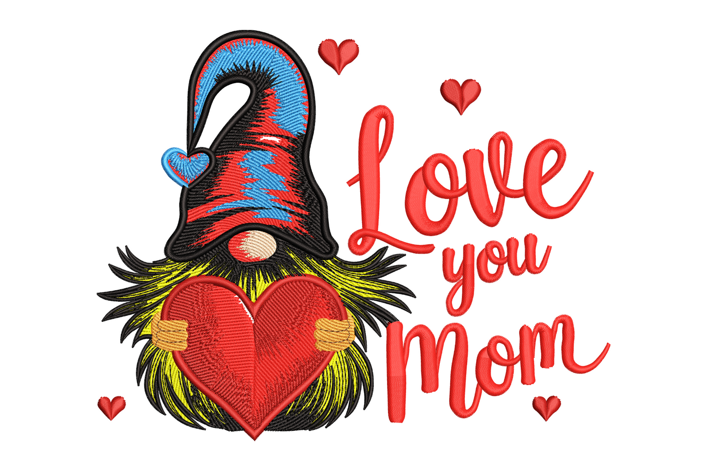 Love you mom gnome embroidery design with round gnome in tall red-blue hat holding red heart, yellow beard and cursive text.