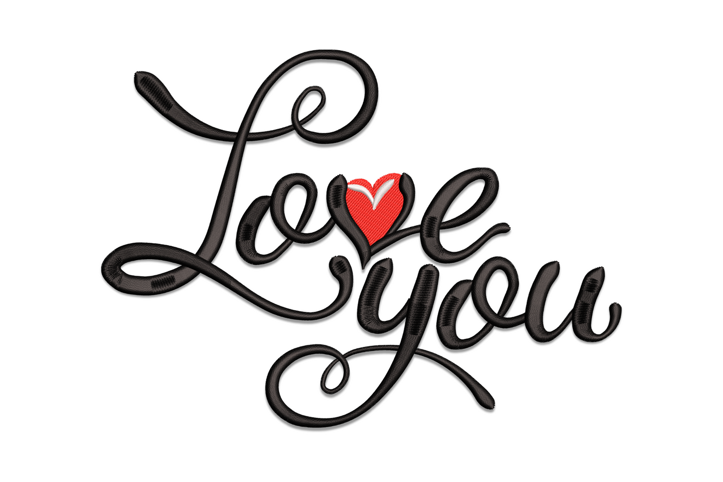 Love You flowing cursive script embroidery in dark grey with red accent on cream linen, modern calligraphy style