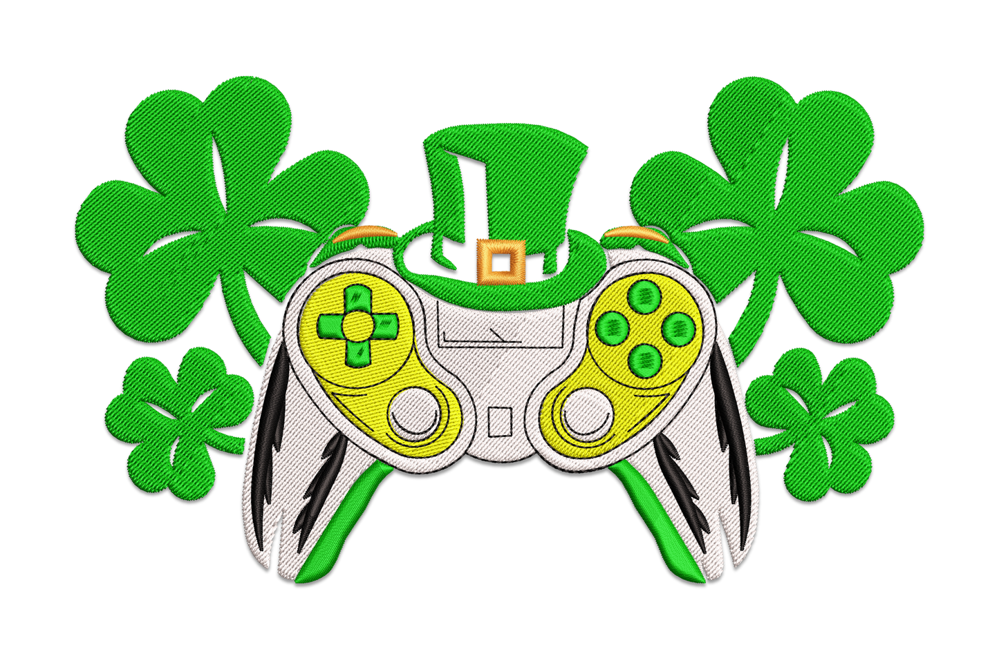 Game controller embroidery with green shamrock leaves and Irish St Patricks Day details in white and green.