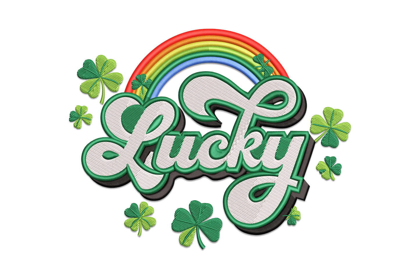 Shamrock embroidery with rainbow-banded leaves in red orange yellow green blue violet and solid green stem on white fabric