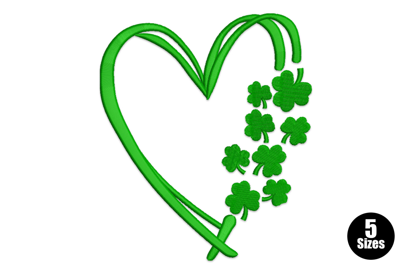 Lucky shamrock heart embroidery design with dark green triple-line heart outline and cascading four-leaf shamrocks along the right side.