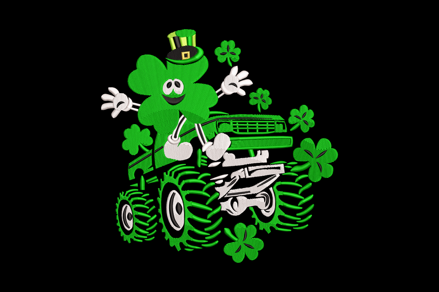 Lucky shamrock monster truck embroidery design with cartoon clover character and oversized tyres in green and white.