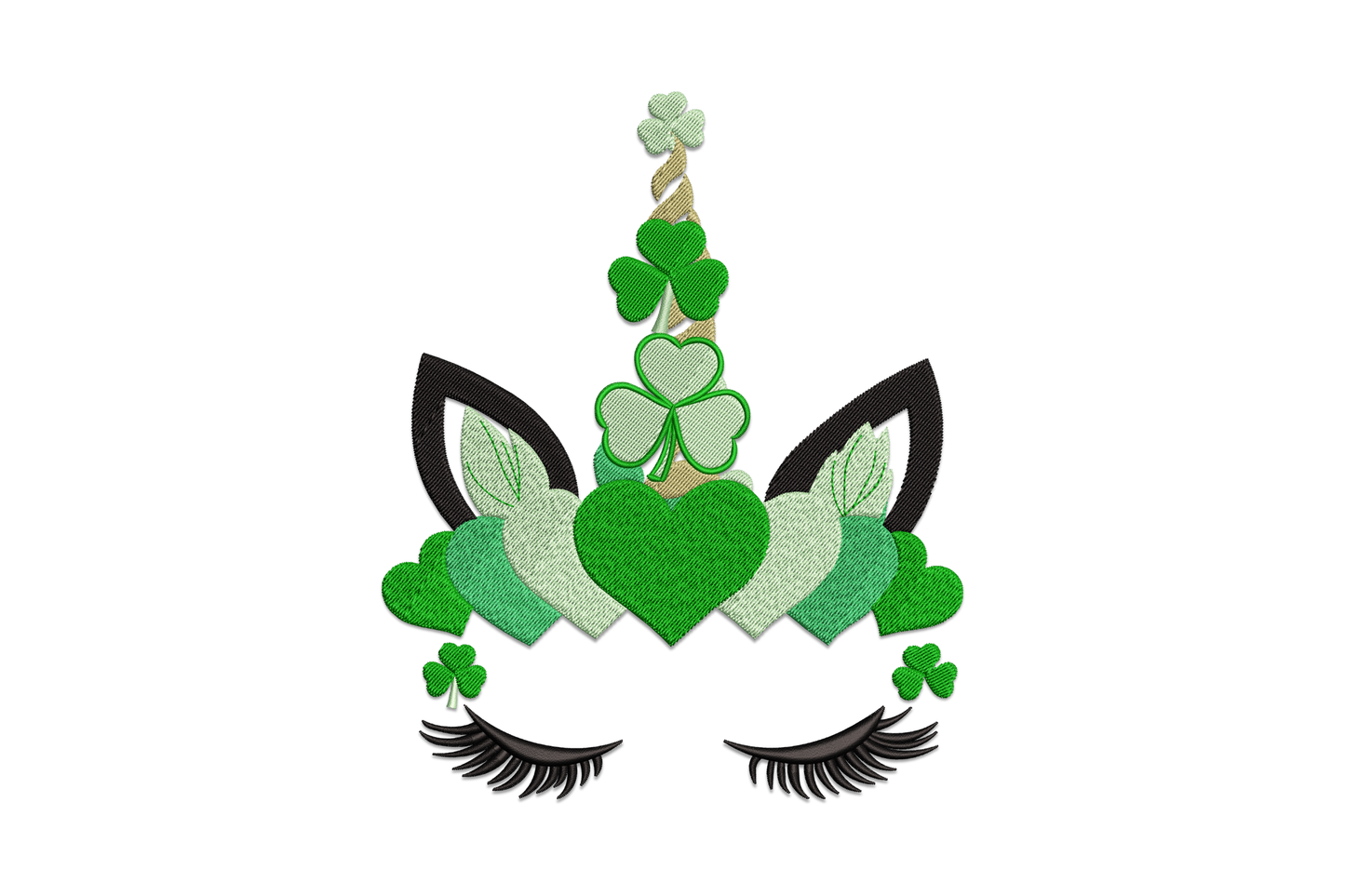 Lucky unicorn shamrock embroidery design, unicorn face with closed lashes, green heart crown, shamrock accents, gold horn.