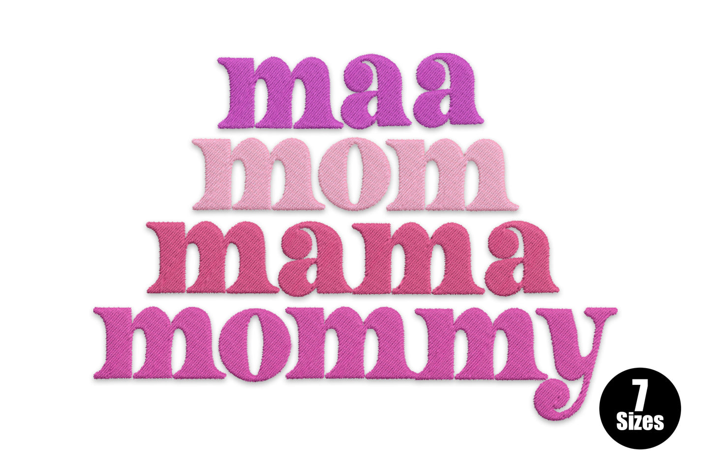 Maa mom mama mommy embroidery in retro stacked typography, 4 lines widening to base with pink-to-purple colour graduation.