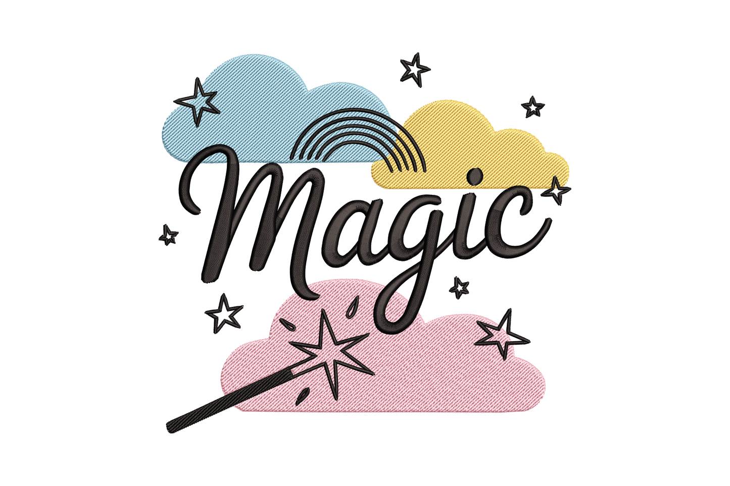 Decorative text 'Magic' with colorful elements embroidery design