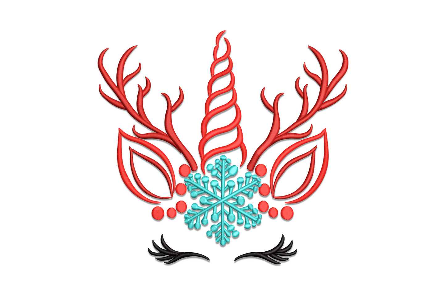 Reindeer unicorn face embroidery design with golden horn, brown antlers, warm tan face, and soft rosy cheeks.