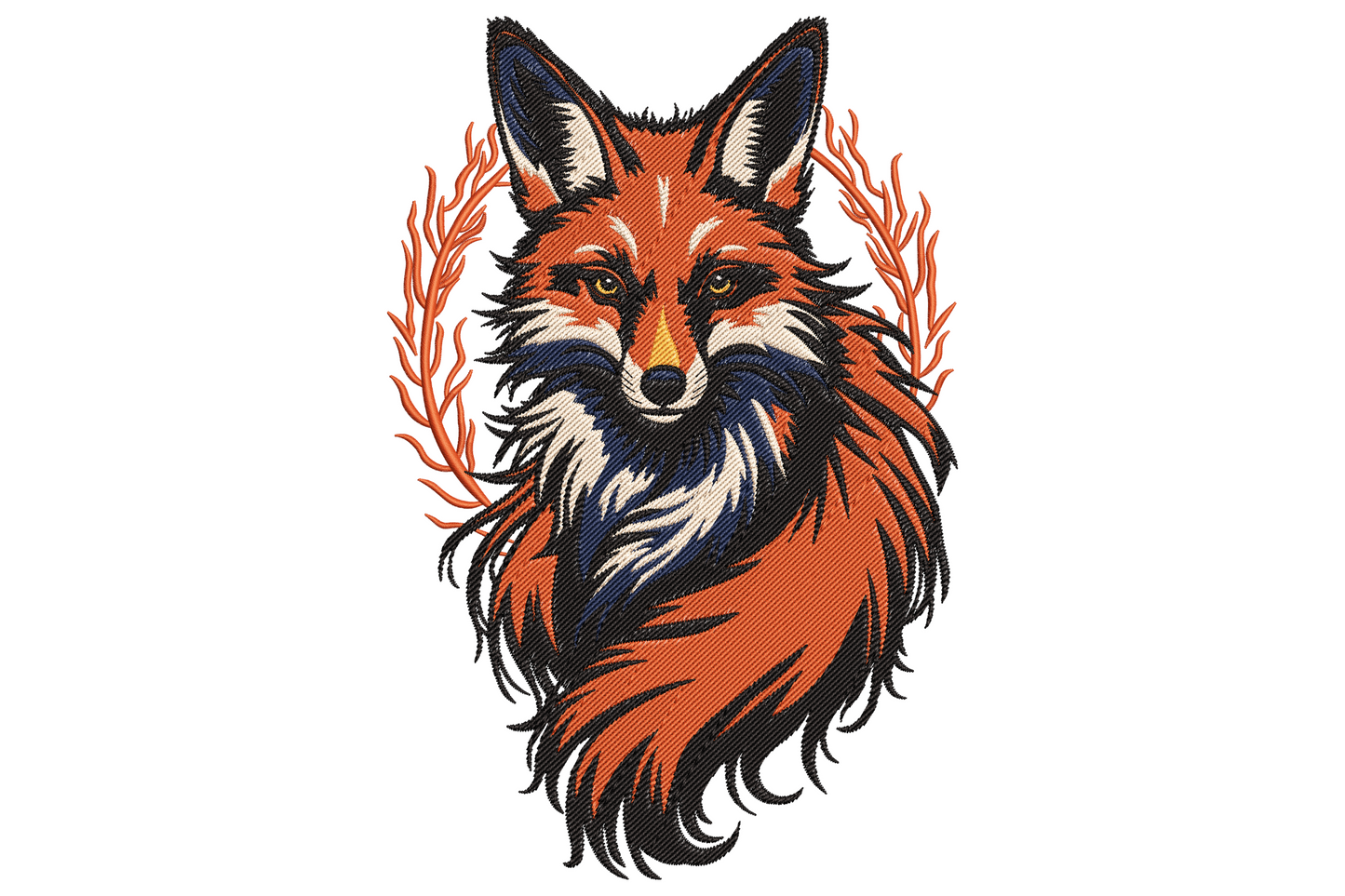 Red fox portrait embroidery design with rust orange fur, white chest, amber eyes and charcoal accents looking forward.