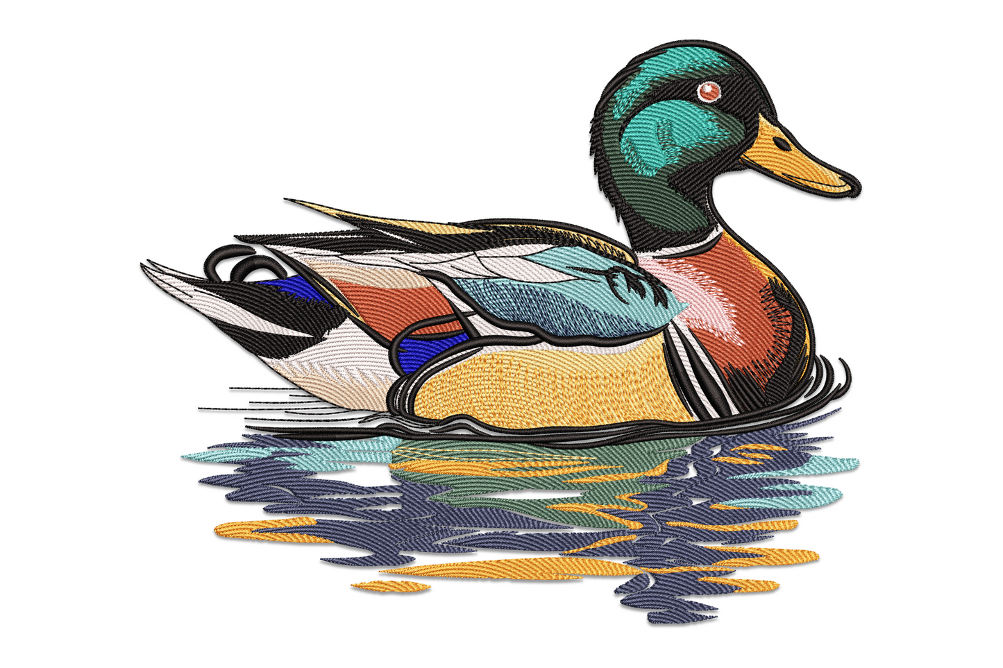 Embroidery design of a mallard duck drake on water, teal head, chestnut breast, blue wing patch, 14-color realistic feather detail