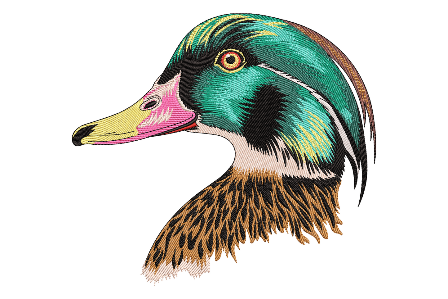 Mallard duck head embroidery, side profile with iridescent teal-green crown, amber eye, pink bill and russet chest feathers.