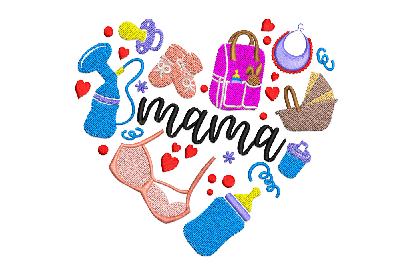 Mama baby love embroidery, heart-shaped collage with mama script, baby bottle, mittens, nappy bag in 12 colours.