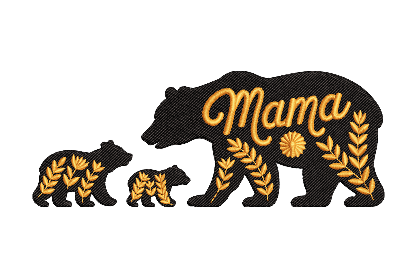 Embroidered patch of a bear family with 'Mama' and floral designs