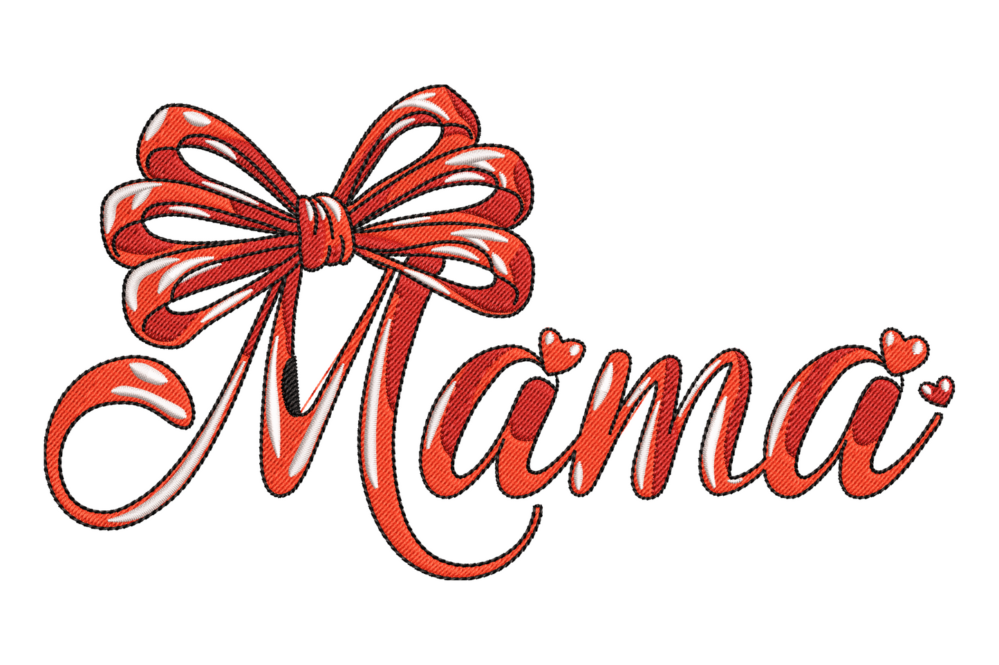 Mama bow embroidery design with bold red cursive lettering and decorative red bow with ribbon loops and small heart accents.