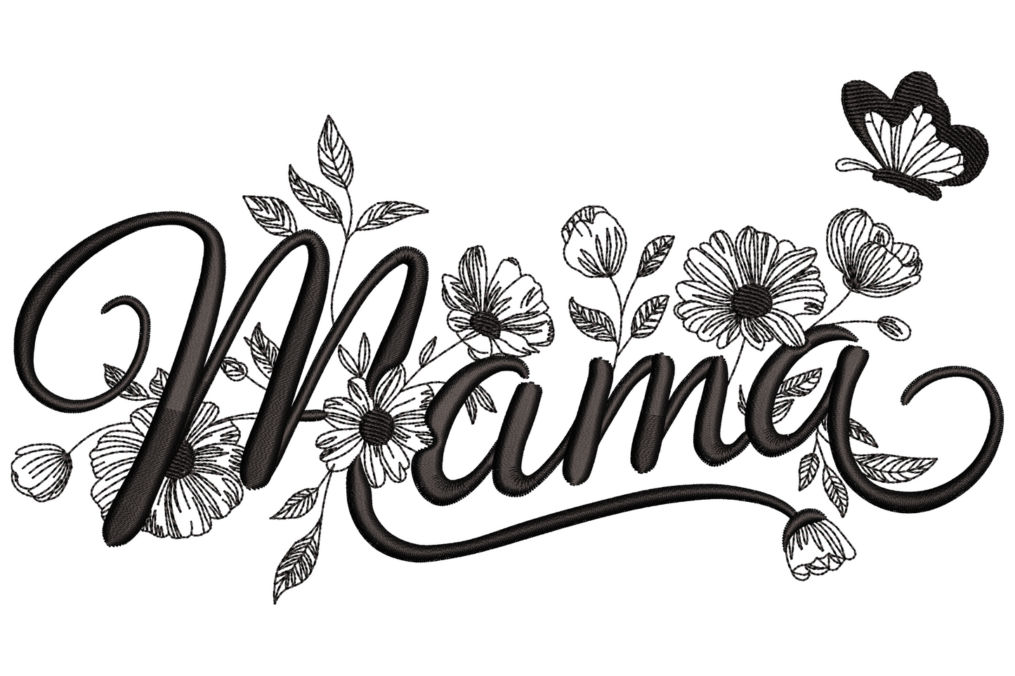 Machine embroidery of the word Mama shaped into butterfly wings with floral details, single colour, nine sizes