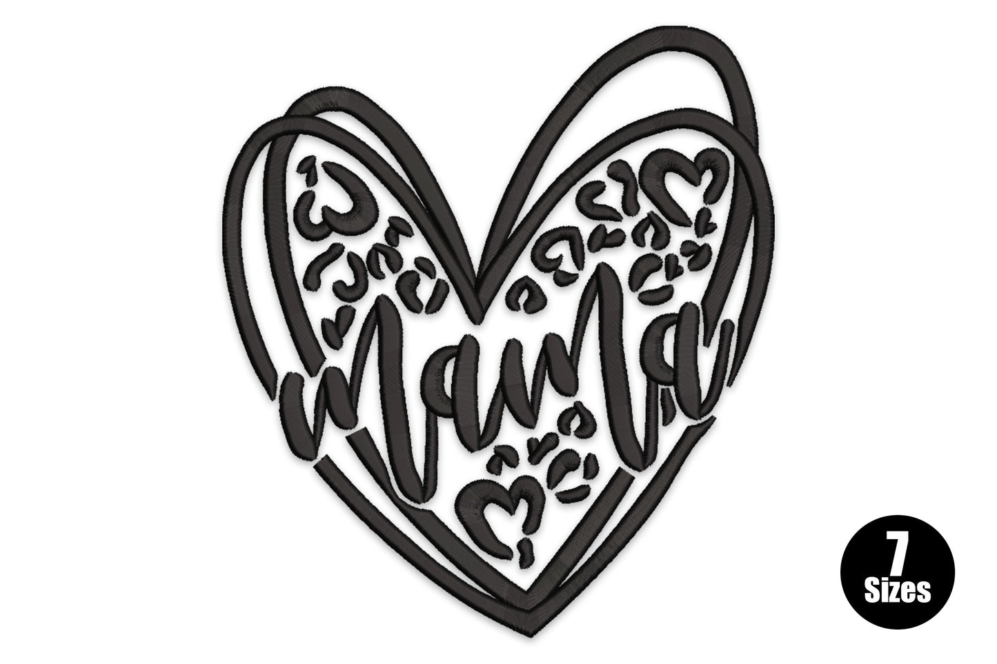 Heart with leopard print spots and bold cursive mama script, double-outline style, black single-colour embroidery.